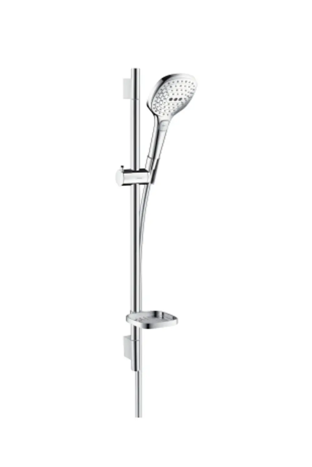 Hansgrohe-Duschset mit Handbrause an verstellbarer Stange, inklusive Halterung und Seifenschale in chromfarbener Ausführung.